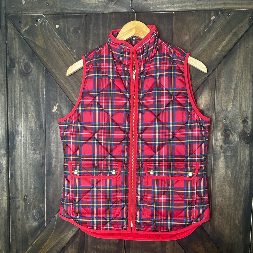 J. Crew Tartan Puffer Vest With Snap Pockets Red Plaid XS NWT